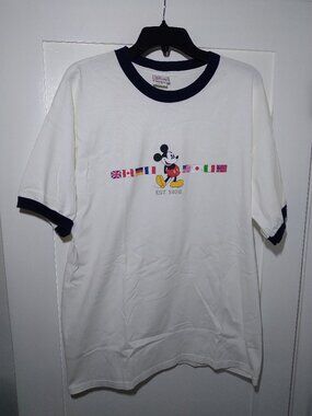 VTG 90s DISNEY STORE WORLD FLAGS Classic Mickey RINGER T-Shirt White Mens Sz XL